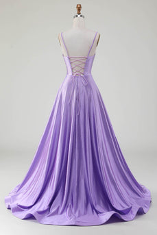 Simple brillant lilas A-ligne côté fente Corset robes de soirée avec strass