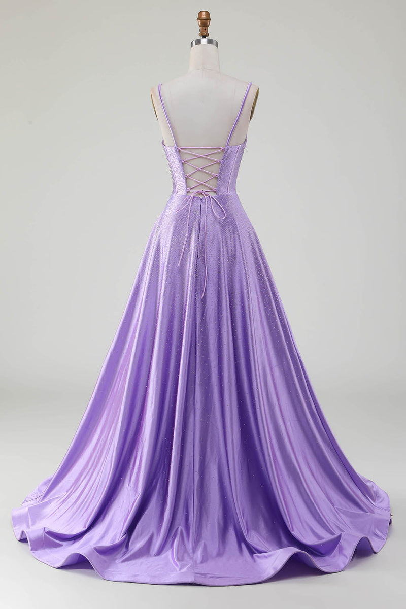 Charger l&#39;image dans la galerie, Simple brillant lilas A-ligne côté fente Corset robes de soirée avec strass