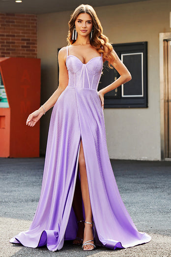 Robes de soirée Corset A-ligne lilas scintillant avec strass