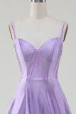 Simple brillant lilas A-ligne côté fente Corset robes de soirée avec strass