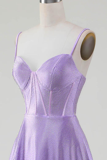 Simple brillant lilas A-ligne côté fente Corset robes de soirée avec strass