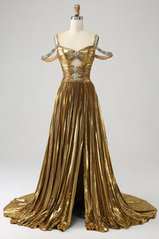 Superbe une ligne hors de l’épaule or longue robe de soirée avec trou de serrure