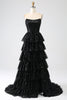 Charger l&#39;image dans la galerie, Robe de soirée trapèze noire à paillettes avec fente