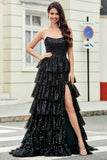 Élégante robe de bal longue à paillettes noires sans bretelles à paillettes avec volants