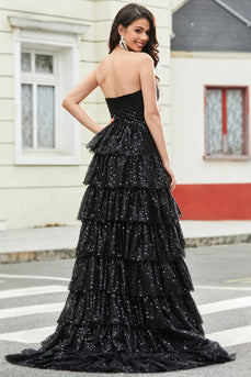 Élégante robe de bal longue à paillettes noires sans bretelles à paillettes avec volants