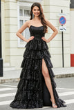 Élégante robe de bal longue à paillettes noires sans bretelles à paillettes avec volants