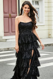 Élégante robe de bal longue à paillettes noires sans bretelles à paillettes avec volants