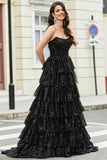 Élégante robe de bal longue à paillettes noires sans bretelles à paillettes avec volants