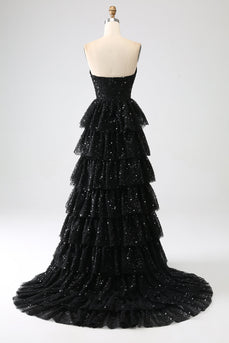 Robe de soirée trapèze noire à paillettes avec fente