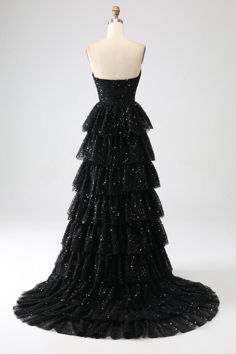 Charger l&#39;image dans la galerie, Robe de soirée trapèze noire à paillettes avec fente