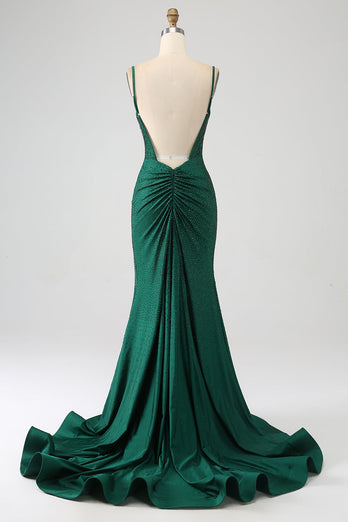 Brillant vert foncé perlé longue sirène robe de soirée avec fente