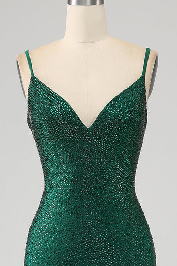Brillant vert foncé perlé longue sirène robe de soirée avec fente