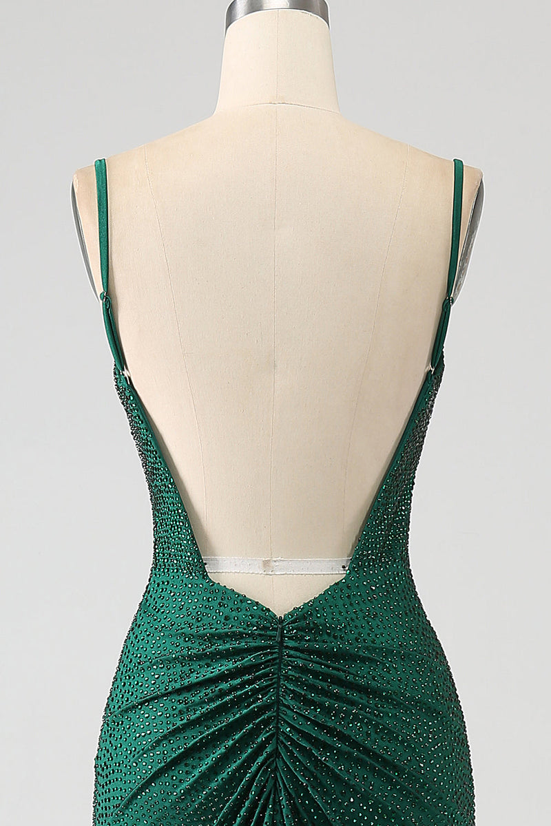 Charger l&#39;image dans la galerie, Brillant vert foncé perlé longue sirène robe de soirée avec fente