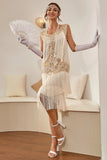 Champagne Paillettes Franges 1920s Gatsby Robe avec 20s Accessoires Set