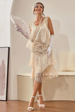 Champagne Paillettes Franges 1920s Gatsby Robe avec 20s Accessoires Set