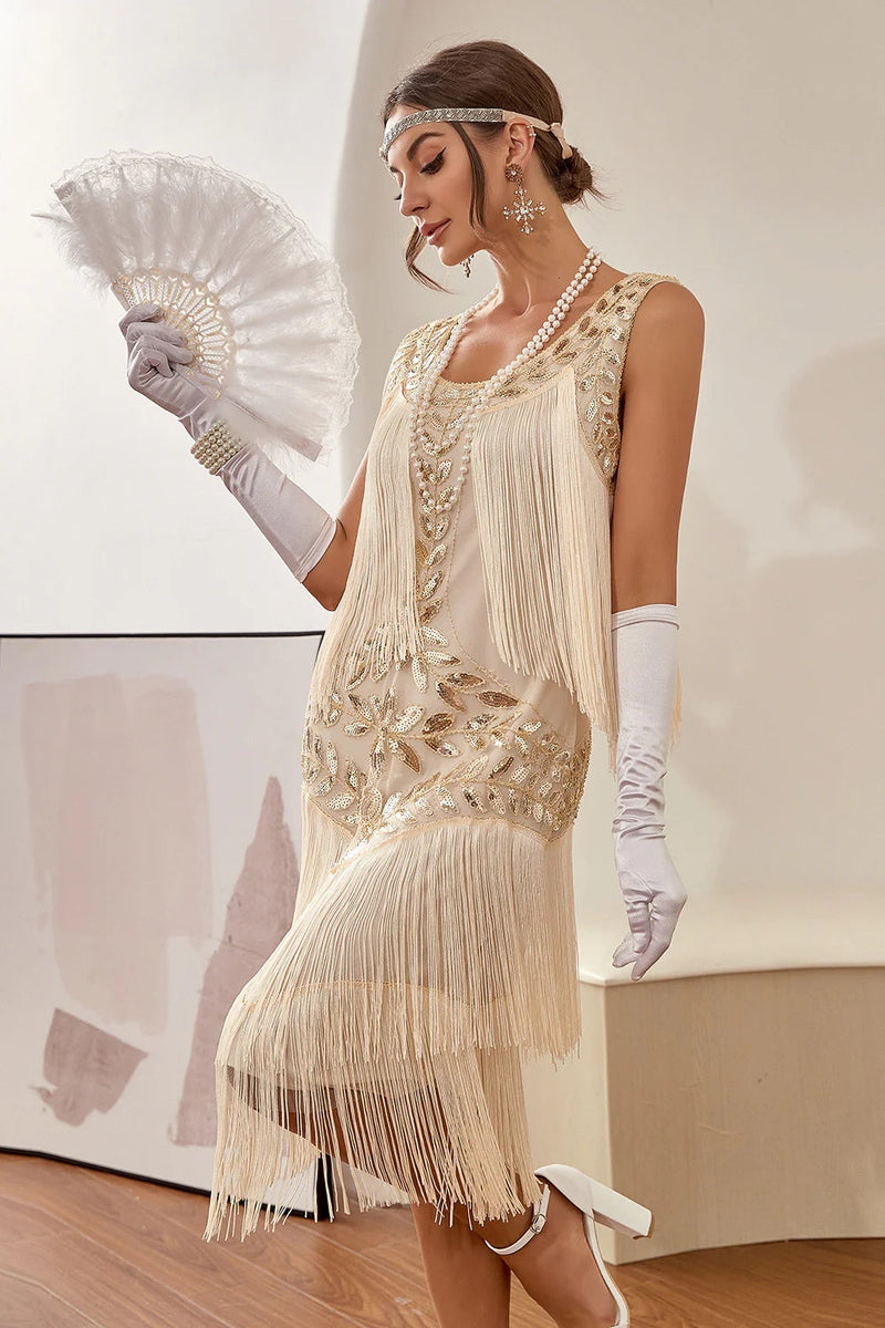 Charger l&#39;image dans la galerie, Champagne Paillettes Franges 1920s Gatsby Robe avec 20s Accessoires Set