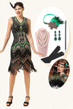 Paillettes Vert Noir Franges 1920s Gatsby Robe avec 20s Accessoires Set