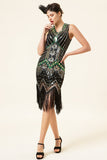 Paillettes Vert Noir Franges 1920s Gatsby Robe avec 20s Accessoires Set