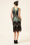 Paillettes Vert Noir Franges 1920s Gatsby Robe avec 20s Accessoires Set