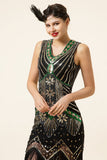 Paillettes Vert Noir Franges 1920s Gatsby Robe avec 20s Accessoires Set