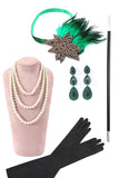 Paillettes Vert Noir Franges 1920s Gatsby Robe avec 20s Accessoires Set