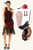 Charger l&#39;image dans la galerie, Paillettes rouges et noires Franges Gatsby des années 20 avec ensemble d’accessoires des années 20