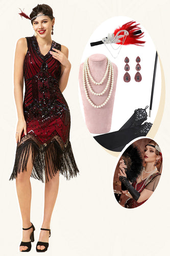 Paillettes rouges et noires Franges Gatsby des années 20 avec ensemble d’accessoires des années 20