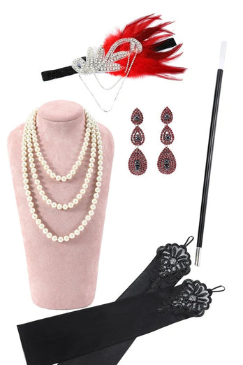 Paillettes rouges et noires Franges Gatsby des années 20 avec ensemble d’accessoires des années 20