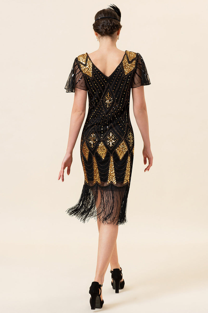 Charger l&#39;image dans la galerie, Noir et Paillettes dorées Franges Robe Gatsby des années 20 avec 20s Accessoires Set