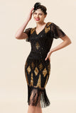 Noir et Paillettes dorées Franges Robe Gatsby des années 20 avec 20s Accessoires Set