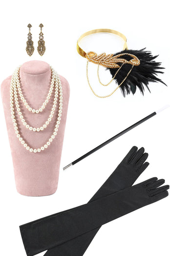 Noir et Paillettes dorées Franges Robe Gatsby des années 20 avec 20s Accessoires Set