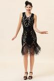 Paillettes noires Fringes 1920s Robe à clapet avec 20s Accessoires Set