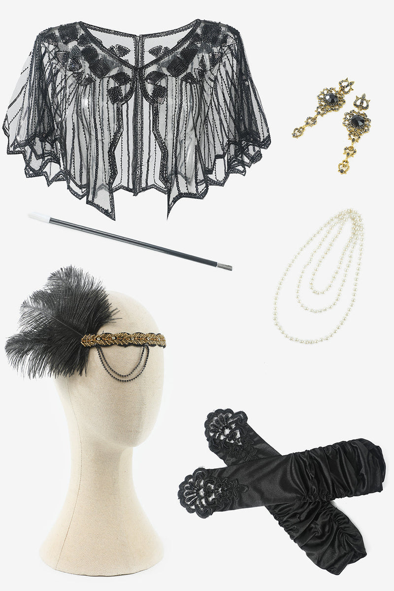 Charger l&#39;image dans la galerie, Paillettes noires Fringes 1920s Robe à clapet avec 20s Accessoires Set