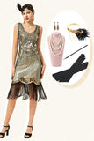 Golden Sequins Fringes 1920s Robe à clapet avec 20s Accessoires Set