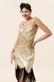 Champagne Paillettes Franges 1920s Robe Flapper avec 20s Accessoires Set