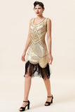 Champagne Paillettes Franges 1920s Robe Flapper avec 20s Accessoires Set