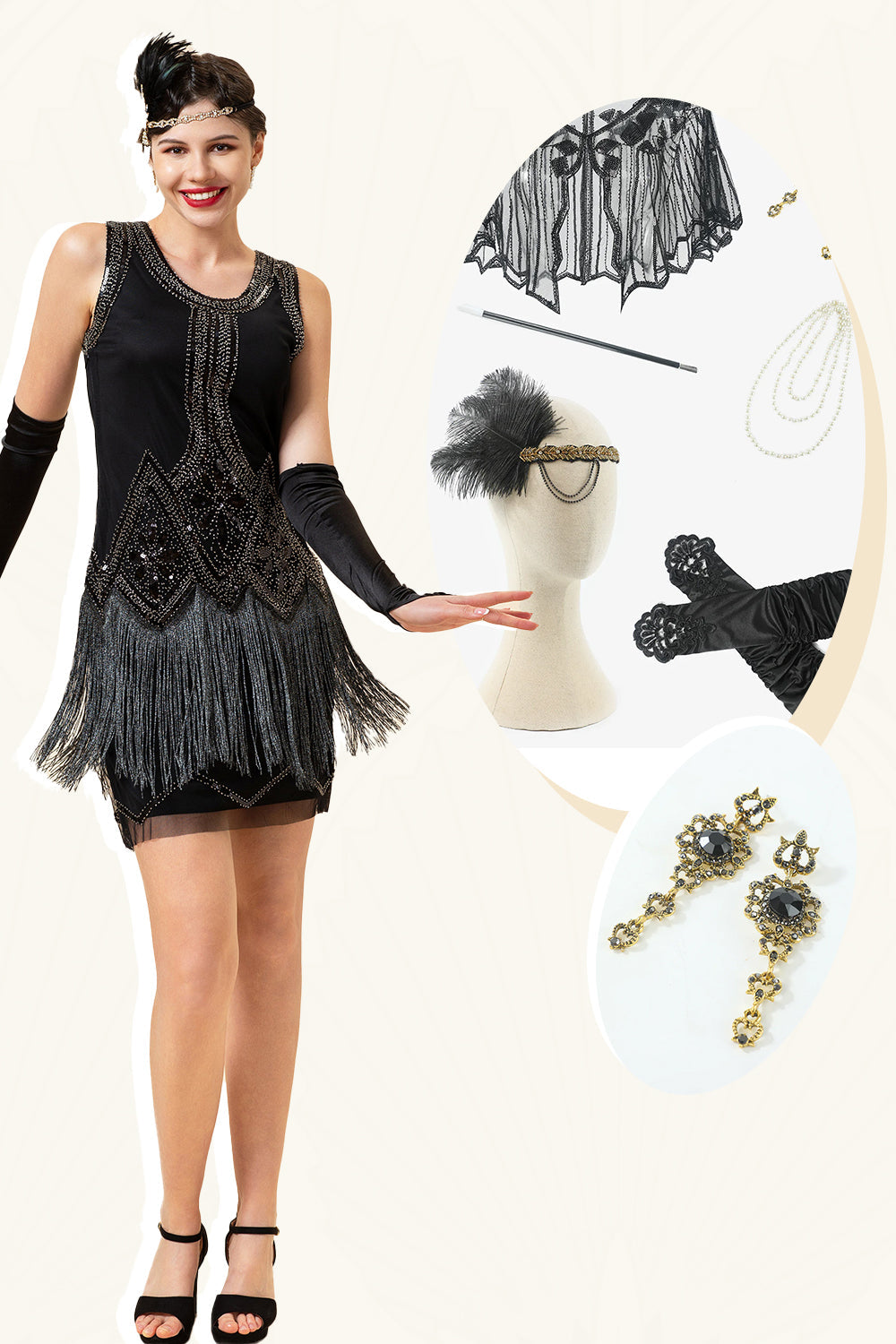 Robe Flapper à franges noires des années 20 avec ensemble d’accessoires des années 20