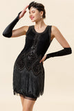 Robe Flapper à franges noires des années 20 avec ensemble d’accessoires des années 20