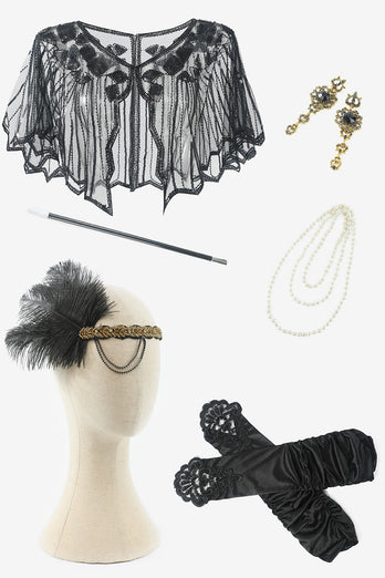 Robe Flapper à franges noires des années 20 avec ensemble d’accessoires des années 20