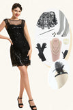 Robe Gatsby Gatsby Noir à paillettes des années 20 avec ensemble d’accessoires des années 20