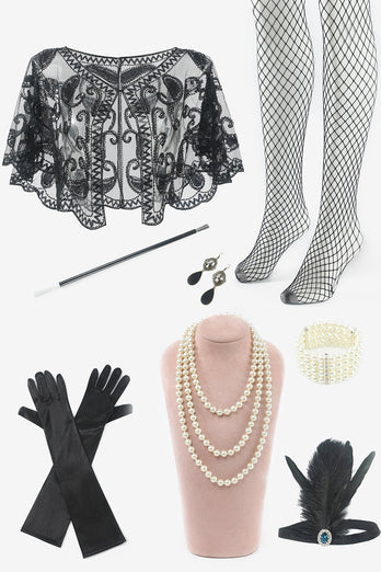 Robe Gatsby Gatsby Noir à paillettes des années 20 avec ensemble d’accessoires des années 20