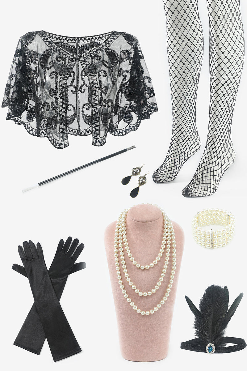 Charger l&#39;image dans la galerie, Robe Gatsby Gatsby Noir à paillettes des années 20 avec ensemble d’accessoires des années 20