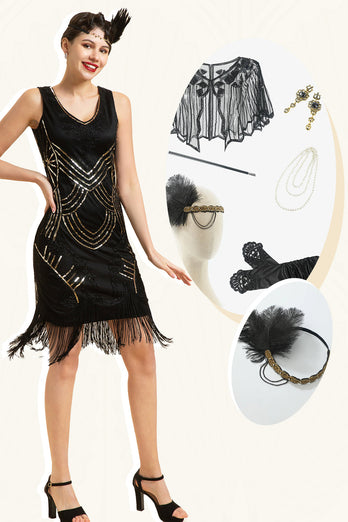 Paillettes noires Fringes Robe à clapet Gatsby des années 20 avec 20s Accessoires Set