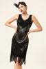 Charger l&#39;image dans la galerie, Paillettes noires Fringes Robe à clapet Gatsby des années 20 avec 20s Accessoires Set