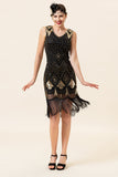 Noir et doré Paillettes Franges 1920s Gatsby Flapper Robe avec 20s Accessoires Set