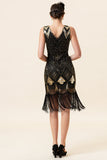 Noir et doré Paillettes Franges 1920s Gatsby Flapper Robe avec 20s Accessoires Set