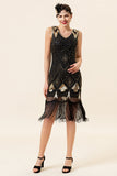 Noir et doré Paillettes Franges 1920s Gatsby Flapper Robe avec 20s Accessoires Set