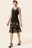 Noir et doré Paillettes Franges 1920s Gatsby Flapper Robe avec 20s Accessoires Set