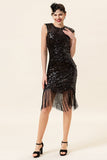 Paillettes noires Fringes 1920s Robe Flapper Gatsby avec 20s Accessoires Set