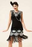 Noir et argent Franges à paillettes Années 20 Robe Gatsby Flapper avec 20s Accessoires Set